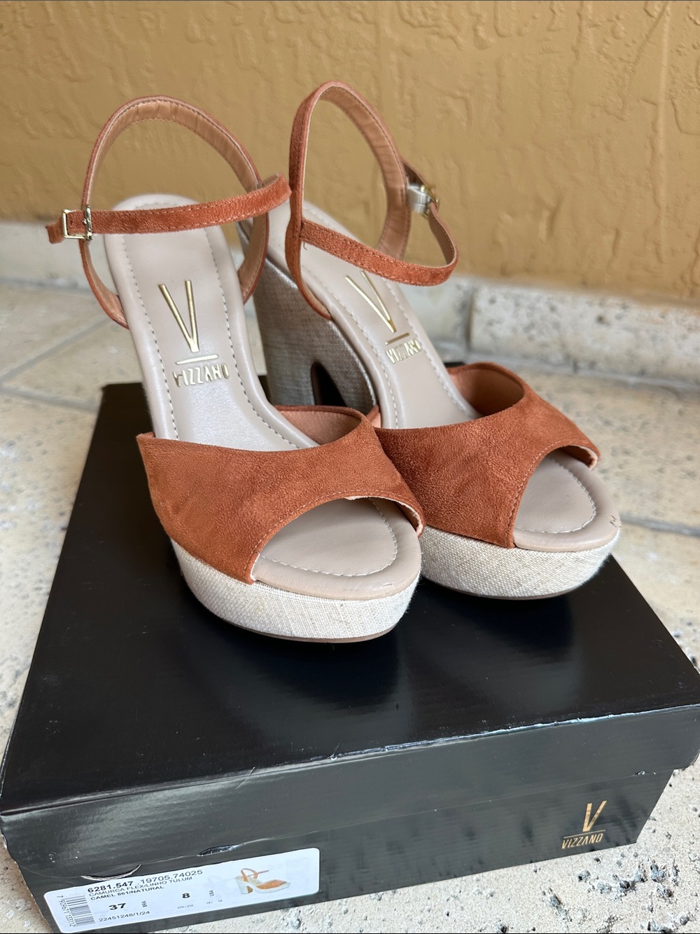 Vizzano brown suede ankle strap block heel sandals with an espadrille rope wedge